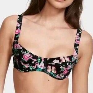 Victoria's Secret Black Pink Floral Butterfly Underwire‎ Bikini Top 34D D75